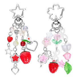 WEWAYSMILE 2 Pcs Cute Strawberry Keychains Set Aesthetic Alloy Acrylic Bead Bag Charms for Women Bow Decorated Purse Accessories Gift