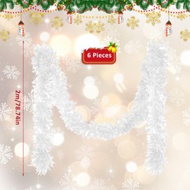 Pack of 6 x 2 m Christmas Tinsel Garland, Tinsel Garland, Glitter Garland, Christmas Indoor and Outdoor for Christmas Tree, Christmas Party, Tinsel Christmas Decoration, White