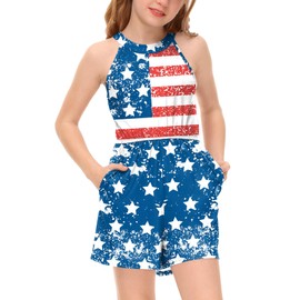 BesserBay Girls July 4th Patriot USA Flag Sleeveless Rompers Independence Day Stars and Stripes Blue Red Halter Neck Short Jumpsuit with Pockets 8 Years
