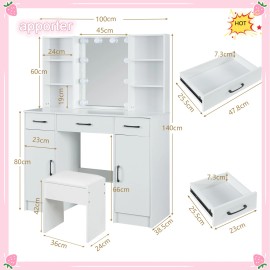 Yamissi White Makeup Vanity Table Set with 10 LED Mirror Dressing Table And 3 Drawers