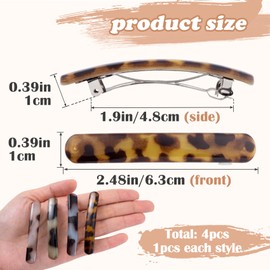STSTR 4PCS French Barrette Hair Clips for Women, 2.48 Inch Small Tortoise Shell Hair Clip, Curved Glossy Thin Hair Flat Hair Accessories for Women - Leopard Color, Green, Blue, Grey