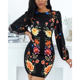 Ninimour Women's Floral Print Bodycon Dress Lantern Long Sleeve Round Neck Waist Cutout Guest Cocktail Midi Dresses