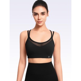 Yvette Women's Lightweight Yoga Sports Bra Cloud Series with Breathable Mesh Panels, U-Neck & Removable Padding Black
