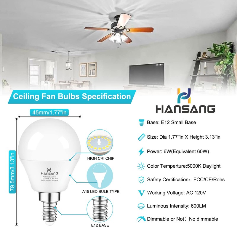 hansang E12 LED Bulb, Daylight 5000K, 60 Watt Equivalent Ceiling