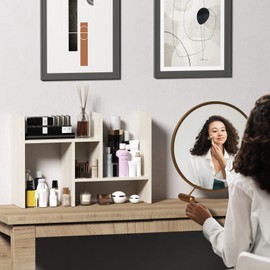 TY ARTS & CULTURE - Expandable Wood Desktop Storage Organizer Multipurpose Desk Bookshelf Display Shelf Rack Counter Top Bookcase for Office Home | White