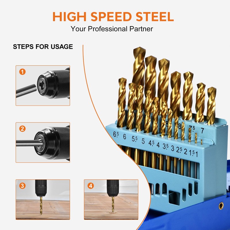 19PCS M35 Cobalt Twist Drill Set,Titanium Coated Metal Drill Bits