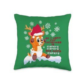 PluppoRoo Designs Baby Reindeer Diaper Christmas Wishlist Throw Pillow, 16x16, Multicolor
