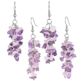 Nupuyai Rose Quartz & Amethyst Crystal Stone Long Tassel Drop Earrings for Women, Chakra Healing Stone Dangle Earrings for Wedding Party Vacation, 62mm