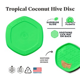 PROJECT HIVE ·PET COMPANY· - Tropical Coconut Scented - Hive Frisbee Disc for Dogs - Great for Fetch - Includes a Lick mat on Back - Floats in Water, Smooth Glide - Made in The USA