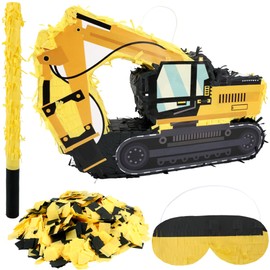 4 Pieces 16.5 x 9.8 x 3.1 Inch Construction Excavator Pinata with Pinata Bat Blindfold and Confetti for Kids Happy Birthday Construction Party Supplies Favors Decorations