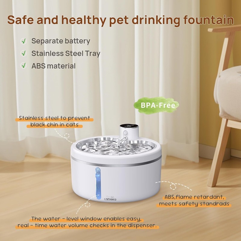 Wireless Cat Water Fountain [with Stainless Steel Tray], 84oz/2.5L Pet