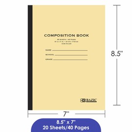 BAZIC Composition Book Wide Ruled 20 Sheet Manila Cover Notebook 8.5"x7", Journal Comp Lined Notebooks for School, 1-Pack