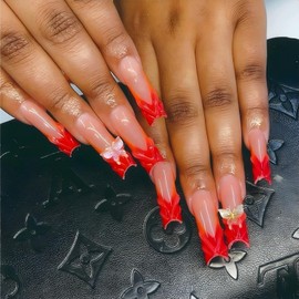 Rchovsam Long Square Press on Nails xl Red French Tip Fake Nails 3D Butterfly Designs Nails Press Ons 3D Stripe Stick on Nails Full Cover Artificial Nails Gift for Women 24pcs