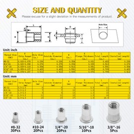 Mardatt 85Pcs SAE 304 Stainless Steel Rivet Nuts Rivnut Assortment Kit, #8-32, #10-24, 1/4"-20, 5/16"-18, 3/8"-16 Flat Head Rivetnut Insert Nutsert