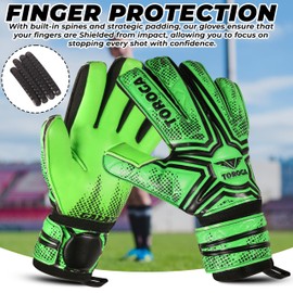 TOROGA Football Goalkeeper Gloves For Boys, Kids Children Youth Soccer Goalie Gloves with 4mm Latex Finger Spine Protection (Green Negative Cut, 6 - For 13-15 Years, Ambidextrous)