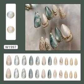 Summer Simple Press on Nails Long Almond Fake Nails Glitter False Nails Gold Edge Blue Green Gradient Design Glossy Full Cover Stick on Nail Reusable Glue on Nail for Women Decor Manicure 24Pcs