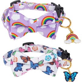 Breakaway Cat Collar with Cute Bow Tie Bell 2Pack Rainbow Butterfly Cat Collar for Male Female Soft Cotton Kitty Kitten Collar Cute Cat Collar Ideal for Girl Cats Boy Male Cats