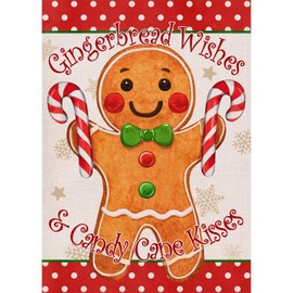 Selmad Christmas Gingerbread Wishes and Candy Cane Kisses Decorative Burlap Garden Flag, Xmas Home Yard Small Outdoor Decor, Winter Outside Decoration Double Sided 12 x 18