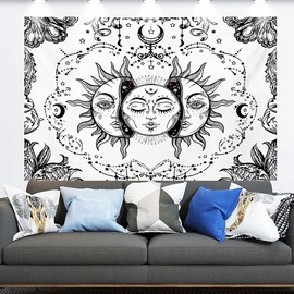 DANLCUPL Tapestry Aesthetic Wall Hanging Bedding Trippy Hippie Backdrop Curtain Decor for Dorm Living Room Decoration (Black White Sunburst Moon Star Mystic, 50"x60")