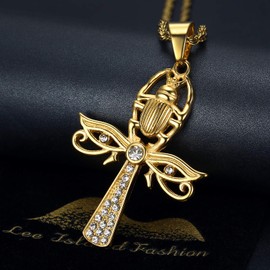 NEGS Eye of Horus and Scarab Egyptian Ankh Cross Pendant Stainless Steel Necklace for Men Women, 24 Inch Rope Chain Jewelry Gift