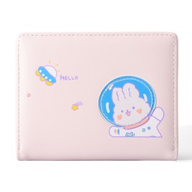 Sunwel Fashion Girls Cute Astronaut Bear Bunny Print Tri-folded Wallet Small Wallet Cash Pocket Card Holder ID Window for Women (PINK)