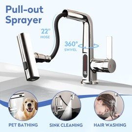 SINGSUO Bathroom Sink Faucet 1 Hole with Temperature Display, Single Hole Rotatable Bathroom Faucet with Pull Out Sprayer, Modern Pull Down Faucet with 360°Swivel Spout, 3 Spray Modes (‎Chrome)