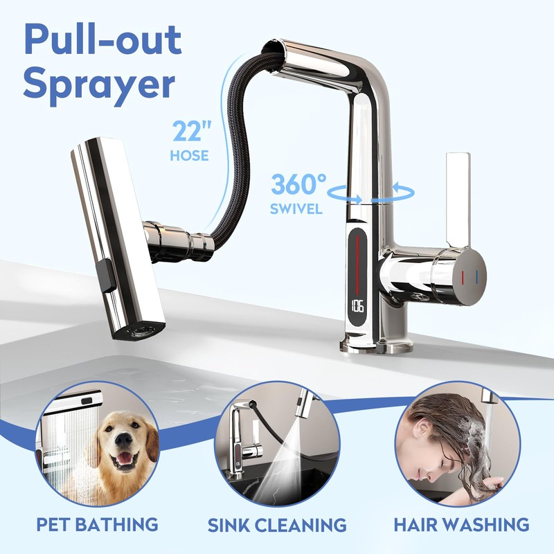 SINGSUO Bathroom Sink Faucet 1 Hole with Temperature Display, Single