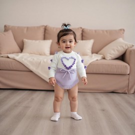 ZZLBUF Baby Girl Knit Romper Infant Heart/Flower Embroidery Long Sleeve Sweater Romper Bodysuit Fall Winter Clothes (01- Heart Purple, 3-6 Months)