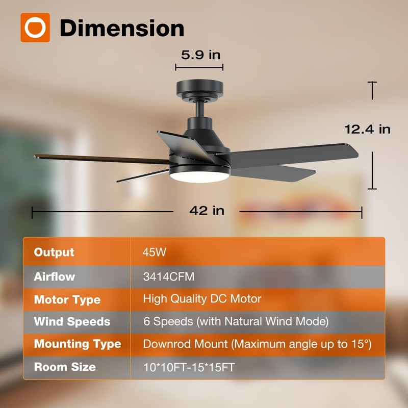 addlon Ceiling Fans with Lights, 42 inch Black Ceiling Fan