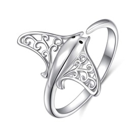 S925 Sterling Silver Stingray Sea Animal Open Ring Manta Ray Tree of Life Adjustable Bypass Nature Ocean Ring,Size 7