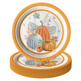 Horaldaily 24Pcs Fall Paper Plates, Thanksgiving Autumn Harvest Orange Pumpkin Leaves for Party Birthday Holiday Dinner Event Disposable Tableware Supplies Decor, 7lnch