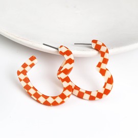 Vintage Minimalist 80s C Shaped Acrylic Dangle Earrings Lightweight Geometric Black White Plaid Hoop Earrings Colorful Chunky Big Earrings Statement Jewelry Gifts for Women-Orange2