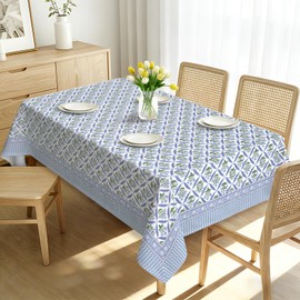 hometrixx Block Print Floral Washable Rectangle Table Cloth Blue 140x180cm