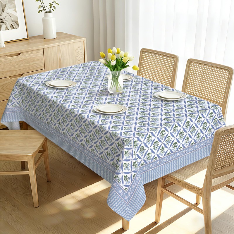 hometrixx Block Print Floral Washable Rectangle Table Cloth Blue 140x180cm