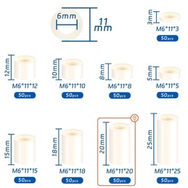 SWTYExt Plastic Spacer Sleeves M6 Round Spacers Pack of 50 ABS Spacers Nylon Washers 11 x 20 mm Insulation Washers White for Electric Spacers Screws