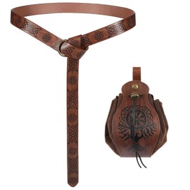 Thajaling 2 Pcs Viking Belt Medieval Faux Leather Belt Pouch Retro Knight Belt Set Renaissance Drawstring Dice Bag Renaissance LARP Accessories (Brown-2)