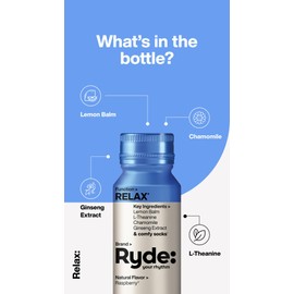 Ryde: Relax Shot | Raspberry Flavor | Ginseng & Chamomile | 0 Calories, 0 Sugar | 2 FL OZ Shots | Helps You Relax* (24 Pack)