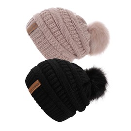 Queenfur Knit Slouchy Beanie for Women Thick Baggy Hat Faux Fur Pompom Winter Hat