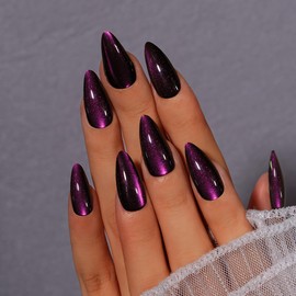 SXVME 30 Pcs Glitter Cat Eye Purple Black Press on Nails Almond Medium - Stiletto Fake Nails Acrylic, Soft Gel Glue on Nails Medium, Sparkle Dark Stick on Nail for Women Vacation