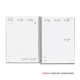 Miquelrius - 2025 Calendar Year Planner 155 x 213 mm Week to View Flexible Polypropylene Spiral Bound 80gsm Paper Catalan English Portuguese Red