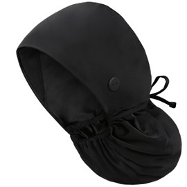 IRIS CRAFT Satin Lined Scrub Cap with Ponytail Pocket, Adjustable Surgical Cap with Sweatband & Buttons, Soft and Wrinkle-Resistant Scrub Hat for Medical, Spa, Beauty, Kitchen Use, Unisex, Black