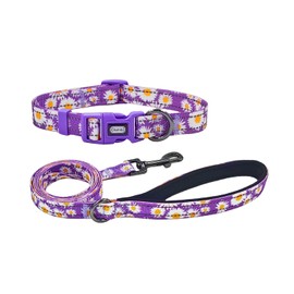 Olahibi Dog Collar and Leash Combo Set, Cute Daisy Pattern, Polyester Material, with Reflective Stripes, 150CM Leash, for Medium Dogs.(M, Purple)