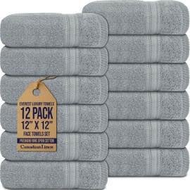 Canadian Linen Luxury Everest Washcloths 12”x12”, 12 Pack 100% Natural Cotton Absorbent Face Towels, Super Soft Drying Face Towel Set for Home Barber Shop Hotel Spa Hair Salon Car Gym Pool, Light Grey