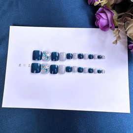 BABALAL Press on Toenails Short, Blue Toenail Press ons Square for Women, Luxury Rhinestone Sliver Bling Press on Toe Nails with Glue, Fake Toenails Art in 12 Sizes - 24Pcs DIY Toenails Supplies