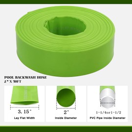 Eastrans 2''x50ft Pool Backwash Hose,Heavy Duty Discharge Lay Flat Hose for Swimming Pool,Drain Hoses with 2 Clamps, 6 Bar,Green