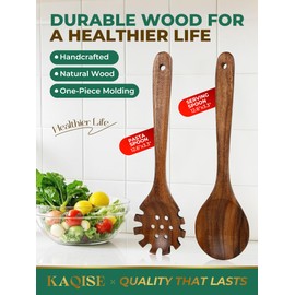 Wooden Spoons for Cooking, 2 Pcs Teak Wood Utensil Set, Wooden Kitchen Utensils for Noodle, Spaghtti & Soup (Round Spaghetti Server)