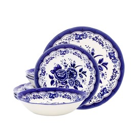 Tudor Royal 12-Piece Porcelain Round Dinnerware Set, Service for 4, Victoria Blue Design, Blue Floral, Plates Bowls Dishes, Glossy, Premium Quality Tableware, Unique Pattern