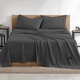 King Size Bed Sheets - 600 Thread Count Egyptian Cotton - 15 Inch Deep Pocket Fitted Sheet - Cooling Sheets - 4 Piece Premium Sheet Set for King Bed - Dark Grey Stripe