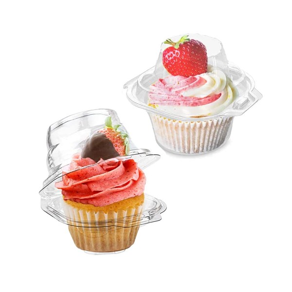 LOKQING 50 Pcs Cupcake Boxes Plastic Individual Cupcake Containers Single Cupcake Carrier with Connected Airtight Dome Lid for Party