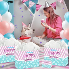 Dog Paw Print Birthday Gift Bags Puppy Paw Print Paper Bags Paw Print Wrapping Bag with Tissue Paper Cards Blue Purple Dog Paw Print Party Favor Bags for Christmas Pet Birthday Party Decorations